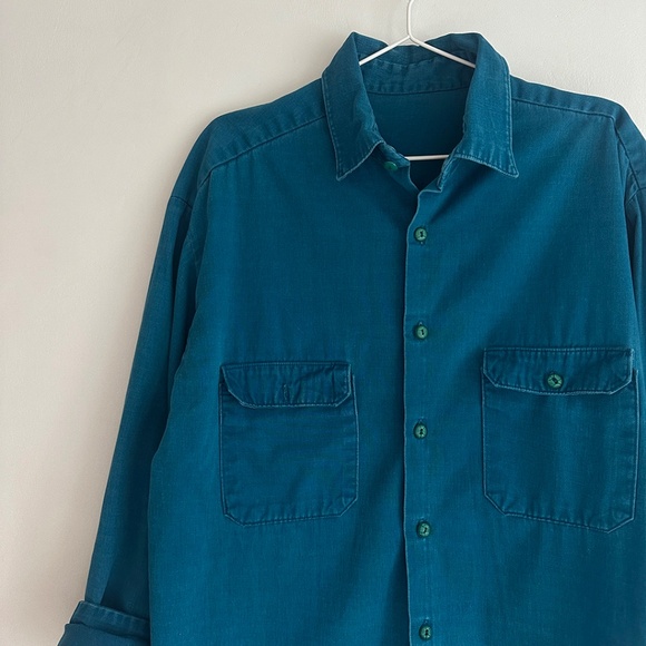 vintage 60s soft mens teal cotton collared work shirt chore jacket french L O/S - Picture 8 of 8